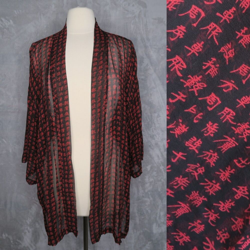BANJARA KIMONO Black & Red Silk Open Front Kimono Cardigan O/S Sheer Longline